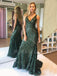 Green Sequin Mermaid V Neck Long Evening Prom Dresses, Cheap Custom Prom Dresses, MR7544