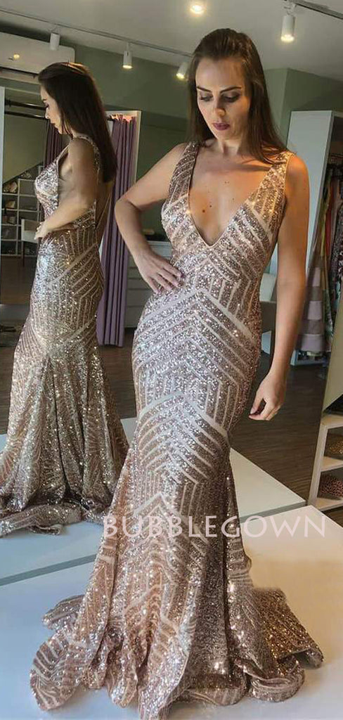 Green Sequin Mermaid V Neck Long Evening Prom Dresses, Cheap Custom Prom Dresses, MR7544