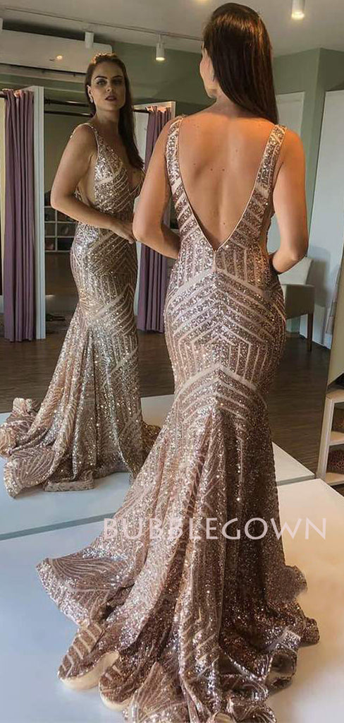 Green Sequin Mermaid V Neck Long Evening Prom Dresses, Cheap Custom Prom Dresses, MR7544