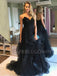 A-line V-neck Black Tulle Pleat Strapless Long Evening Prom Dresses, Cheap Custom Prom Dresses, MR7545