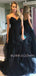 A-line V-neck Black Tulle Pleat Strapless Long Evening Prom Dresses, Cheap Custom Prom Dresses, MR7545