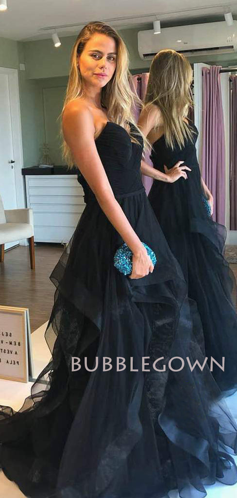 A-line V-neck Black Tulle Pleat Strapless Long Evening Prom Dresses, Cheap Custom Prom Dresses, MR7545