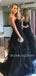 A-line V-neck Black Tulle Pleat Strapless Long Evening Prom Dresses, Cheap Custom Prom Dresses, MR7545