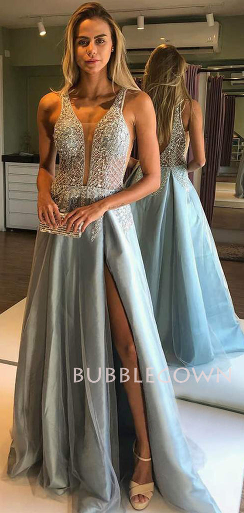 Sexy See Throuth V Neck A-Line Beaded Long Backless Evening Prom Dresses, Cheap Custom prom dresses, MR7546