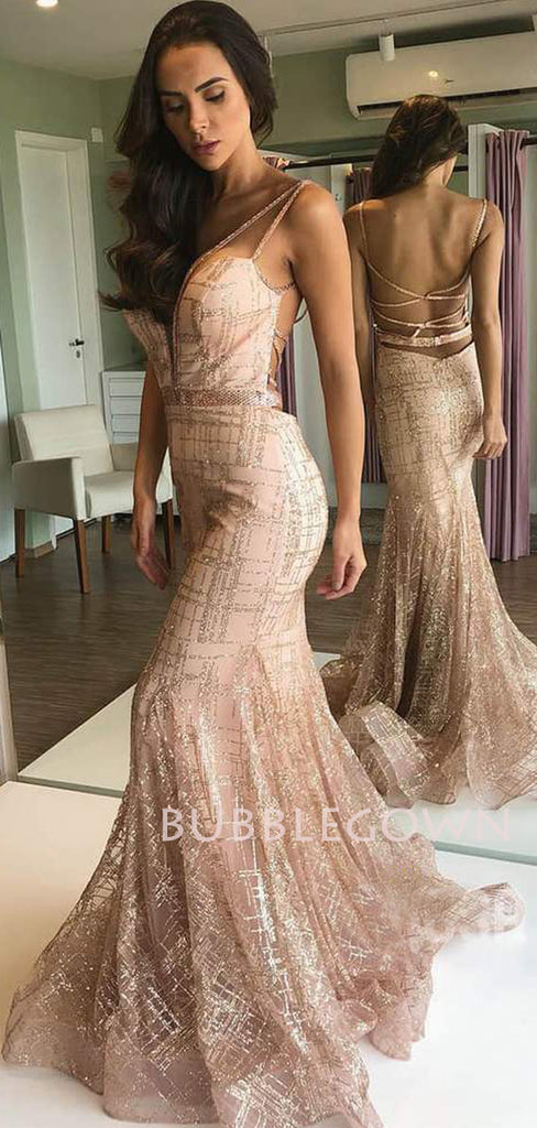 Mermaid Spaghetti Straps backless Long Evening Prom Dresses, Cheap Custom Prom Dress, MR7548