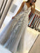 A-line V Neck Grey Tulle Appliques Lace Long Evening Prom Dresses, Cheap Custom Prom Dresses, MR7551