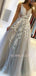 A-line V Neck Grey Tulle Appliques Lace Long Evening Prom Dresses, Cheap Custom Prom Dresses, MR7551