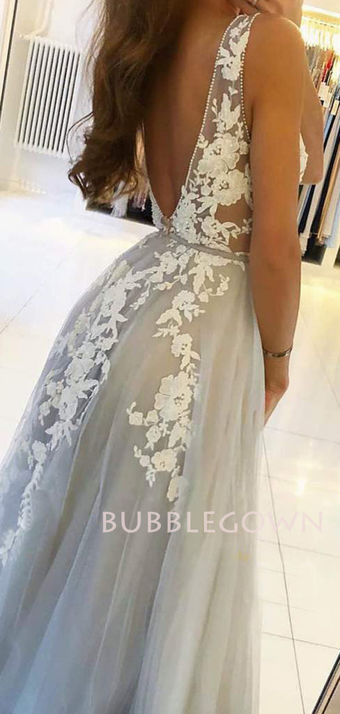 A-line V Neck Grey Tulle Appliques Lace Long Evening Prom Dresses, Cheap Custom Prom Dresses, MR7551