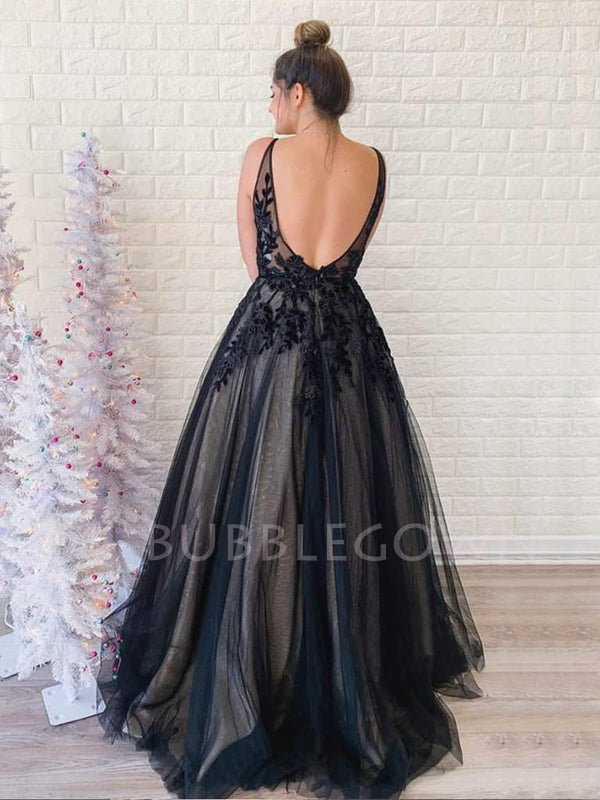 Deep V Neck A-line Spaghetti Straps Black Tulle Long Evening Prom Dresses, Cheap Custom Prom Dresses, MR7557