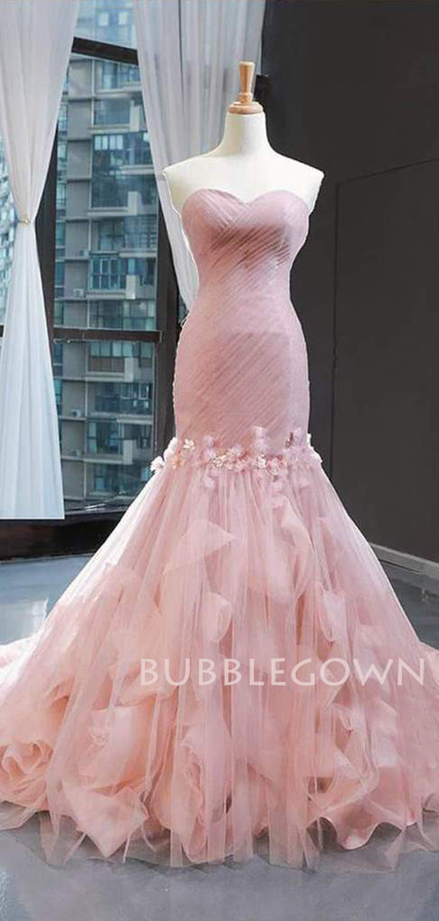 Pink Tulle Mermaid Sweetheart Ruffle Long Evening Prom Dresses, MR7558