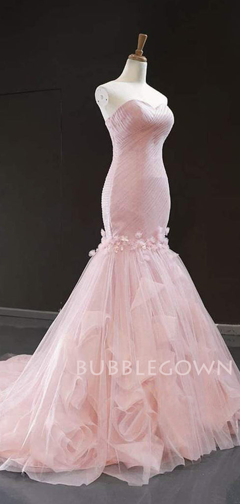 Pink Tulle Mermaid Sweetheart Ruffle Long Evening Prom Dresses, MR7558