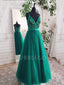 A-Line Green Tulle Beaded V Neck Long Evening Prom Dresses, Cheap Custom Prom Dresses, MR7559