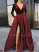 Burgundy Satin V Neck Velevt Long Sleeve A-line Long Evening Prom Dresses, Cheap Custom Prom Dresses, MR7560