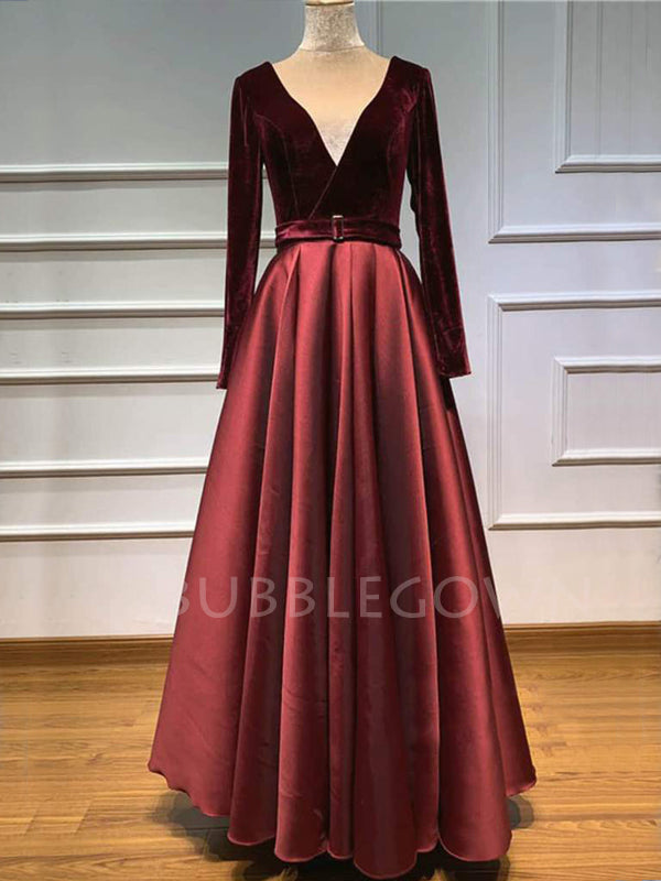 Burgundy Satin V Neck Velevt Long Sleeve A-line Long Evening Prom Dresses, Cheap Custom Prom Dresses, MR7560