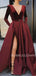 Burgundy Satin V Neck Velevt Long Sleeve A-line Long Evening Prom Dresses, Cheap Custom Prom Dresses, MR7560