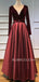 Burgundy Satin V Neck Velevt Long Sleeve A-line Long Evening Prom Dresses, Cheap Custom Prom Dresses, MR7560