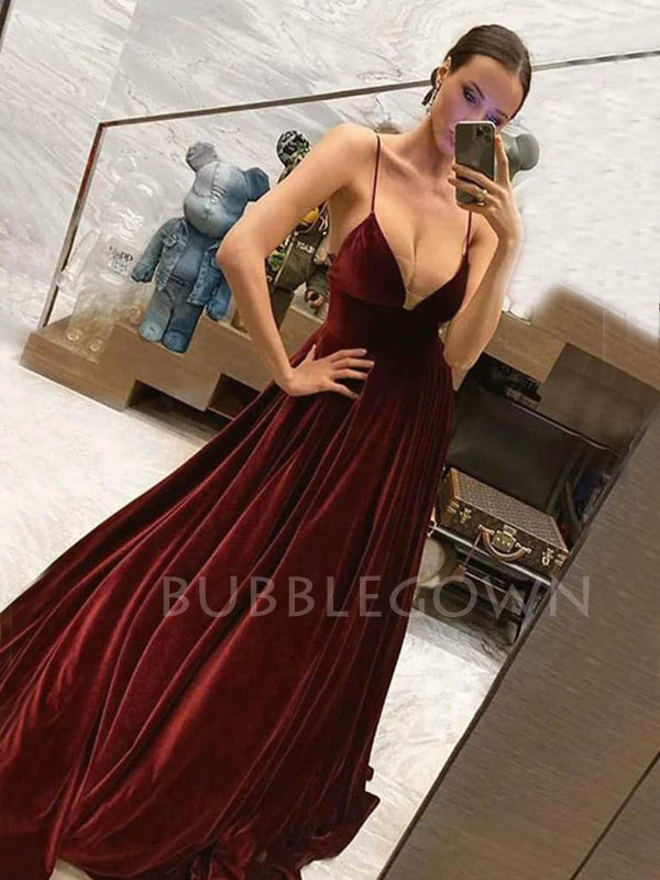 Burgundy Velvet Spaghetti Straps Deep V Neck A-line Long Evening Prom Dresses, Cheap Custom Prom Dresses, MR7561