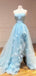 Sky Blue Tulle Strapless 3D Appliques A-line Long Evening Prom Dresses, MR7563