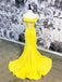 Off Shoulder Yellow Satin Mermaid Long Side Slit Evening Prom Dresses, Cheap Custom Prom Dresses, MR7569