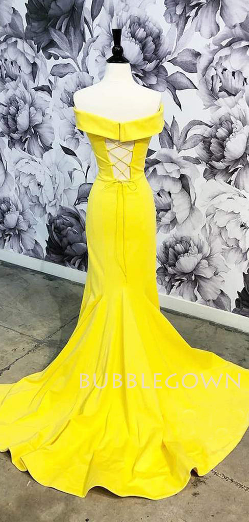 Off Shoulder Yellow Satin Mermaid Long Side Slit Evening Prom Dresses, Cheap Custom Prom Dresses, MR7569