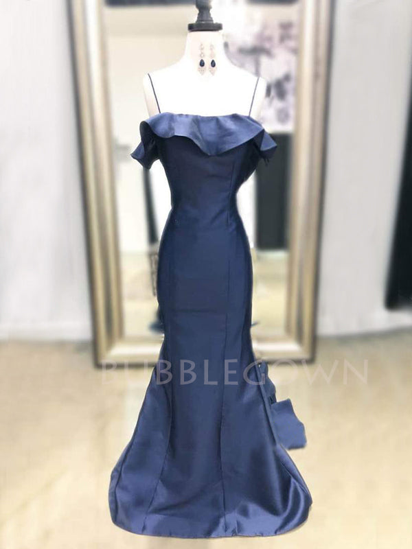 Mermaid Navy Blue Satin Spaghetti Straps Long Backless Evening Prom Dresses, Cheap Custom Prom Dresses, MR7570