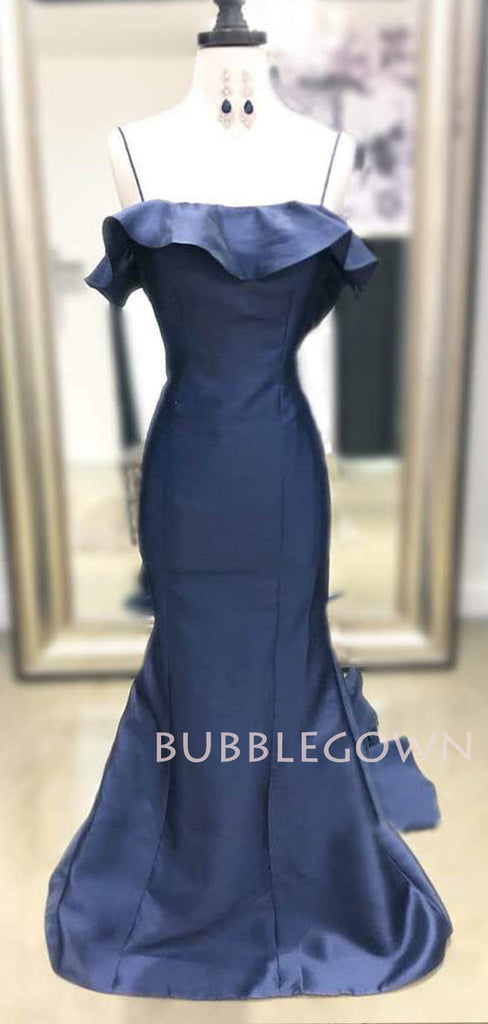 Mermaid Navy Blue Satin Spaghetti Straps Long Backless Evening Prom Dresses, Cheap Custom Prom Dresses, MR7570