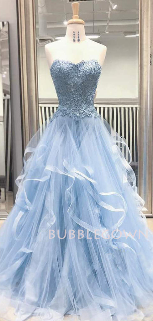 A-line Blue Tulle Appliques Lace Long Strapless Evening Prom Dresses, Cheap Custom Prom Dresses, MR7571