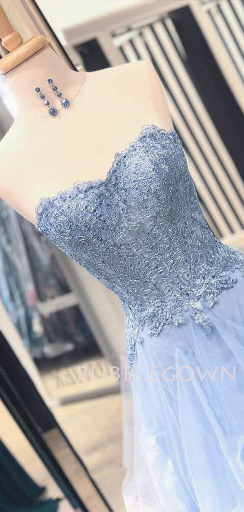 A-line Blue Tulle Appliques Lace Long Strapless Evening Prom Dresses, Cheap Custom Prom Dresses, MR7571