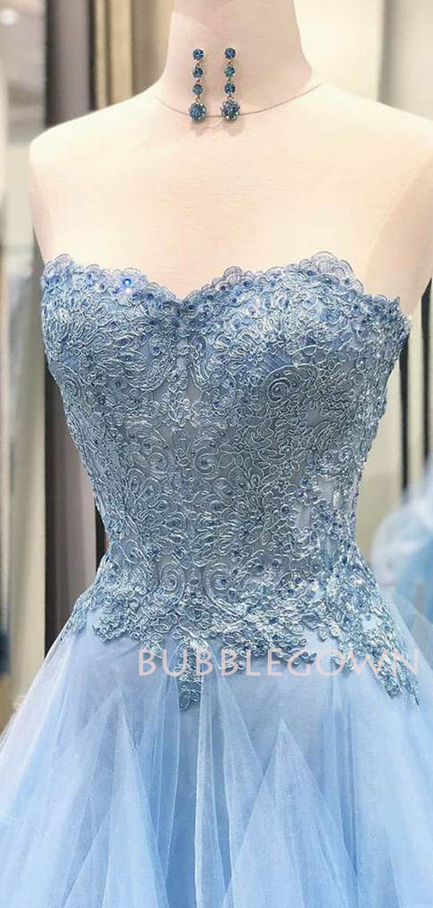 A-line Blue Tulle Appliques Lace Long Strapless Evening Prom Dresses, Cheap Custom Prom Dresses, MR7571