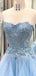 A-line Blue Tulle Appliques Lace Long Strapless Evening Prom Dresses, Cheap Custom Prom Dresses, MR7571