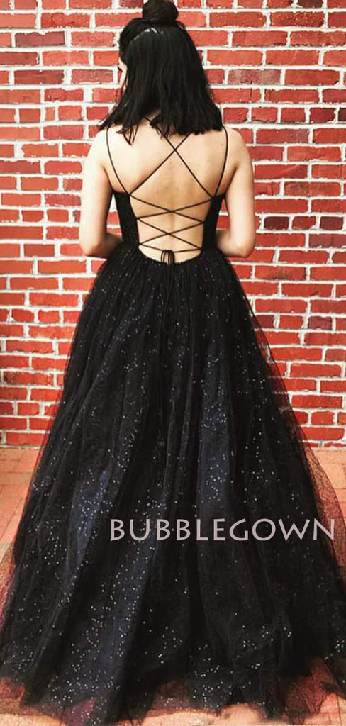 A-line Black Tulle Sparkly Long Evening Prom Dresses, Cheap Custom Prom Dress, MR7573