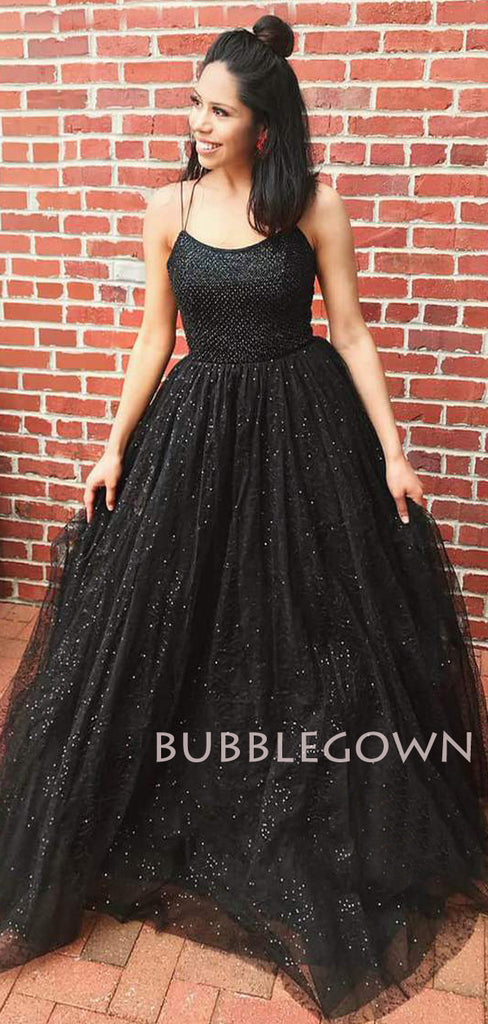 A-line Black Tulle Sparkly Long Evening Prom Dresses, Cheap Custom Prom Dress, MR7573