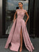 A-Line Pink Satin Beaded Long Side Slit Evening Prom Dresses, Cheap Custom prom dresses, MR7575