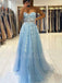 Blue Tulle Appliques A-line Lace Long Strapless Evening Prom Dresses, Cheap Custom Prom Dresses, MR7577