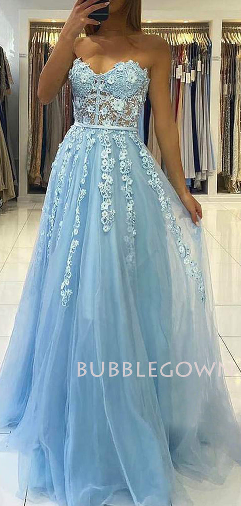 Blue Tulle Appliques A-line Lace Long Strapless Evening Prom Dresses, Cheap Custom Prom Dresses, MR7577