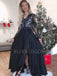 A-line V Neck Black Chiffon Long Sleeves Long Evening Prom Dresses, Cheap Custom Prom Dresses, MR7578