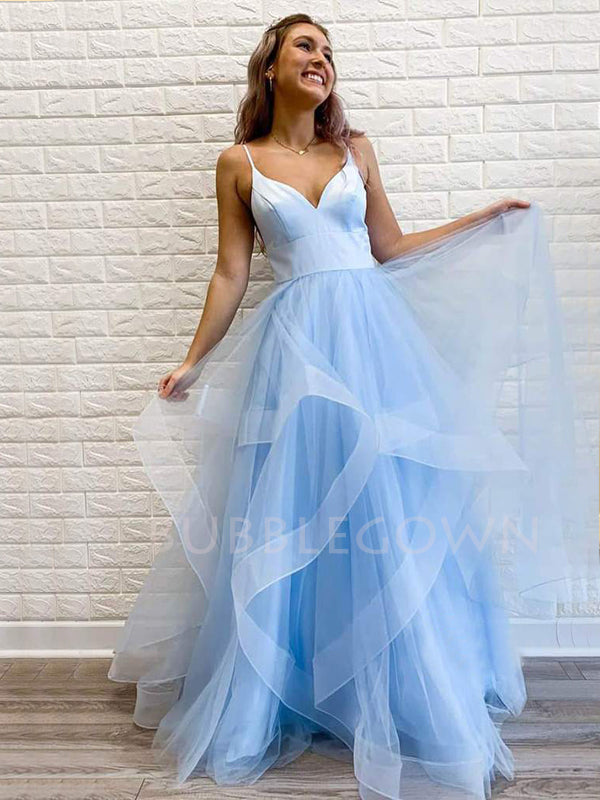 A-line Blue Tulle Spaghetti Straps Long V Neck Evening Prom Dresses, Cheap Custom Prom Dresses, MR7580