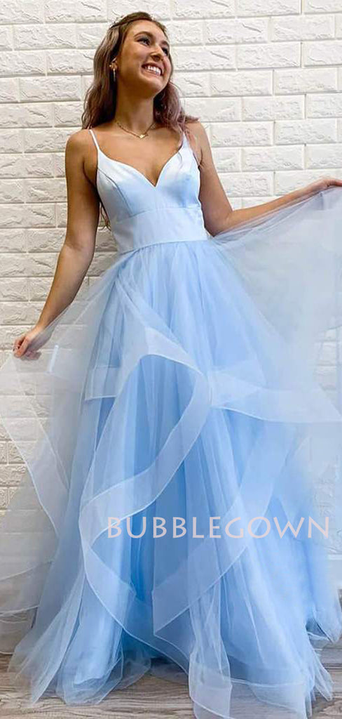 A-line Blue Tulle Spaghetti Straps Long V Neck Evening Prom Dresses, Cheap Custom Prom Dresses, MR7580