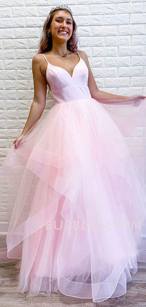 A-line Blue Tulle Spaghetti Straps Long V Neck Evening Prom Dresses, Cheap Custom Prom Dresses, MR7580