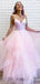 A-line Blue Tulle Spaghetti Straps Long V Neck Evening Prom Dresses, Cheap Custom Prom Dresses, MR7580