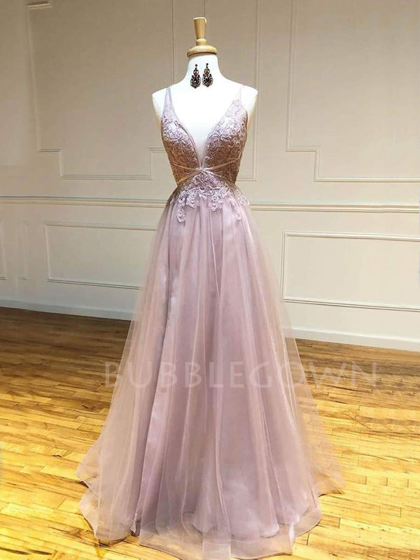 Sexy Deep V Neck Dusty Pink Tulle Appliques Beaded Lace Long Evening Prom Dresses, Cheap Custom Prom Dresses, MR7581