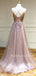 Sexy Deep V Neck Dusty Pink Tulle Appliques Beaded Lace Long Evening Prom Dresses, Cheap Custom Prom Dresses, MR7581