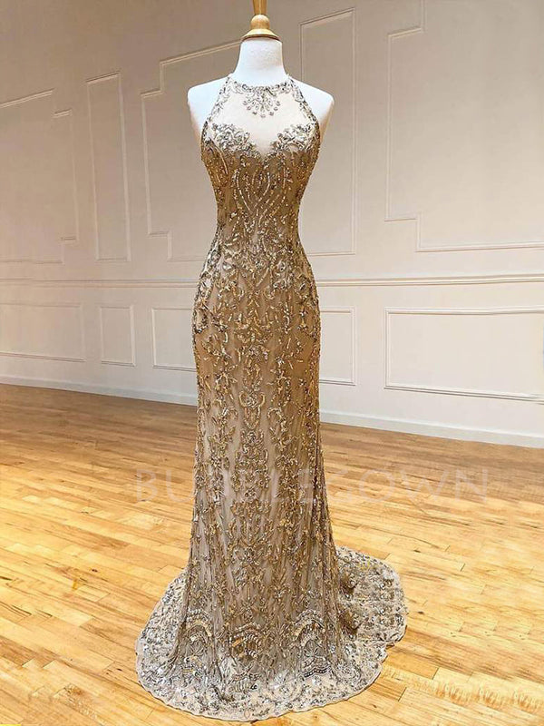 Sheath/Column Gold Beaded Halter Long Evening Prom Dresses, MR7582