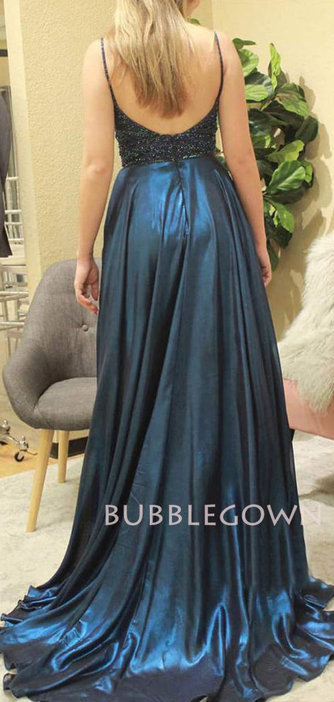 Navy Blue Satin V Neck Beaded A-line Long Backless Evening Prom Dresses, Cheap Custom prom dresses, MR7583