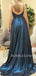 Navy Blue Satin V Neck Beaded A-line Long Backless Evening Prom Dresses, Cheap Custom prom dresses, MR7583