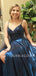 Navy Blue Satin V Neck Beaded A-line Long Backless Evening Prom Dresses, Cheap Custom prom dresses, MR7583