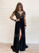 Long Sleeves Appliques Black Chiffon Long Evening Prom Dresses, Cheap Custom Prom Dresses, MR7585