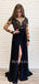 Long Sleeves Appliques Black Chiffon Long Evening Prom Dresses, Cheap Custom Prom Dresses, MR7585