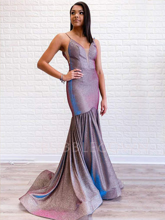 Mermaid Spaghetti Straps Sparkly Long Evening Prom Dresses, Cheap Custom Prom Dress, MR7586