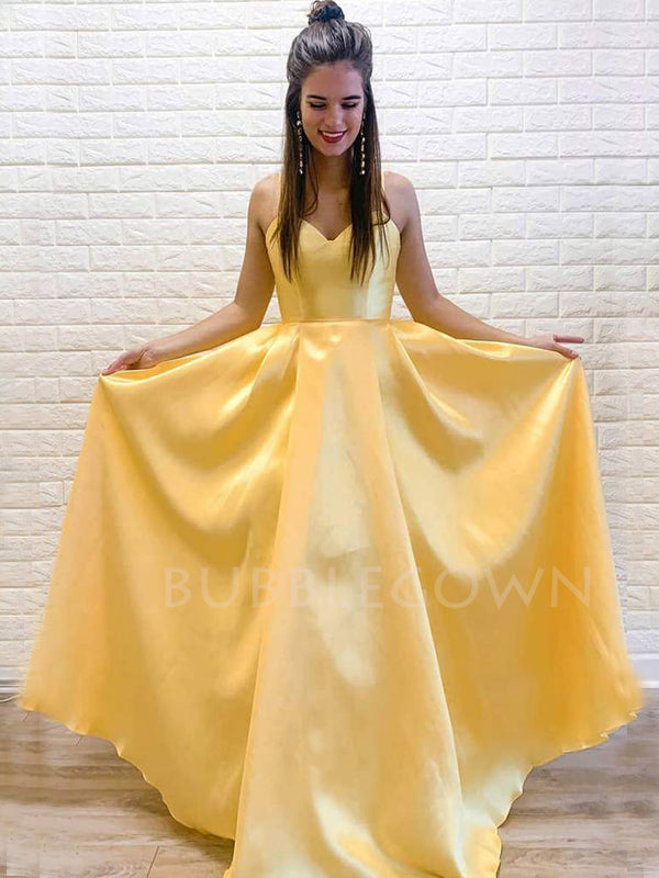 Sweet Yellow Satin V Neck A-line Spaghetti Straps Simple Long Evening Prom Dresses, Cheap Custom prom dresses, MR7587